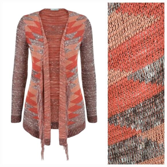 Maurices Aztec Open Front Fringe Drapey Cardigan Henna Knitted Long Sleeve Cardi - Picture 1 of 13